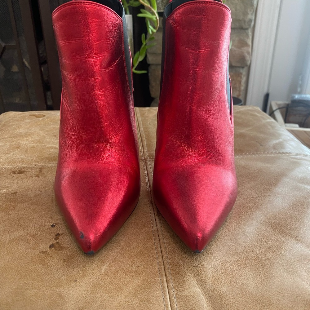 Saint Laurent Red Ankle Booties with Pointed Toe